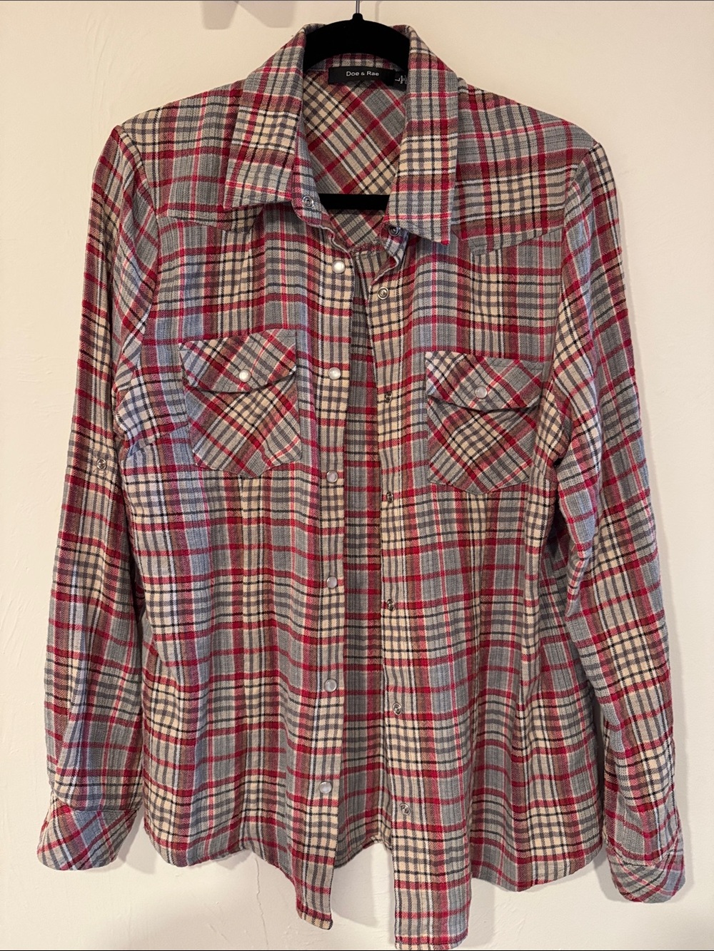 Plaid Button Down Red, Gray & Cream Western Cowgirl Excellent Sz L